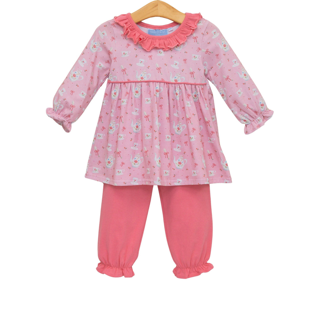 TEA FOR TWO PRINT PINK BLOOMER PANT SET WITH LONG SLEEVE PINK TOP