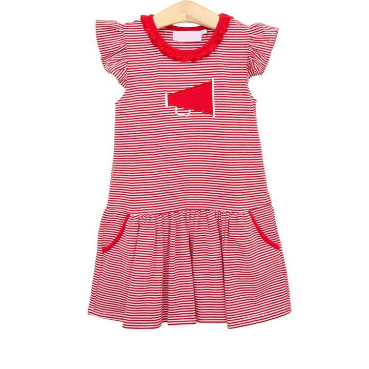 RED STRIPED MEGAPHONE APPLIQUE DRESS