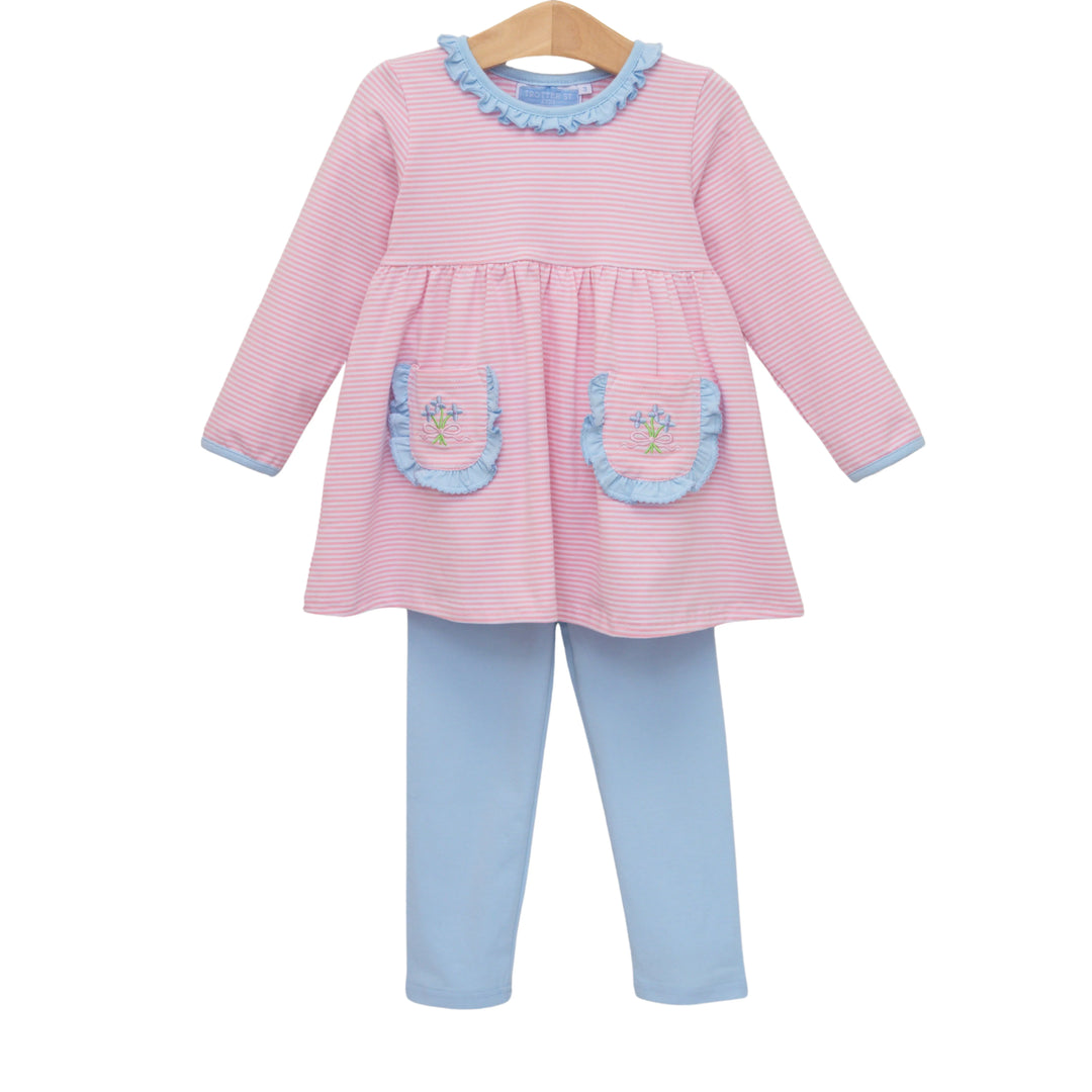 PINK LONG SLEEVE GIRLS TOP WITH MATCHING BLUE LEGGINGS ON WHITE BACKGROUND
