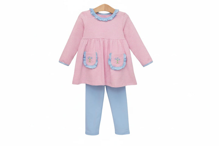 PINK LONG SLEEVE GIRLS TOP WITH MATCHING BLUE LEGGINGS ON WHITE BACKGROUND