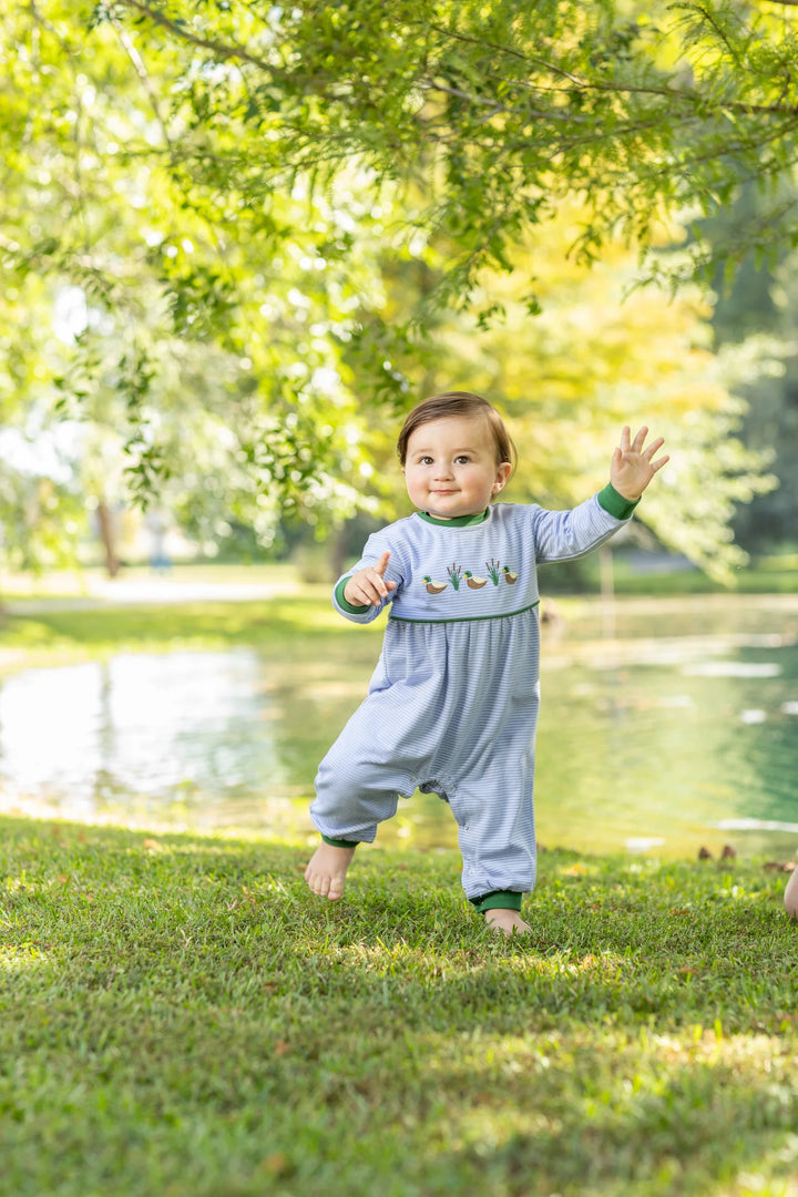 BROWN APPLIQUE DEER STRIPED SAGE ROMPER