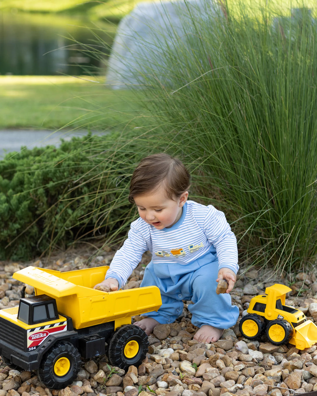 BLUE EMBROIDERED CONSTRUCTION TRUCKS ROMPER