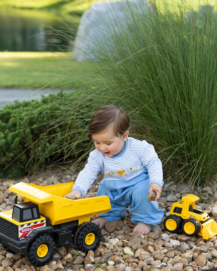 BLUE EMBROIDERED CONSTRUCTION TRUCKS ROMPER