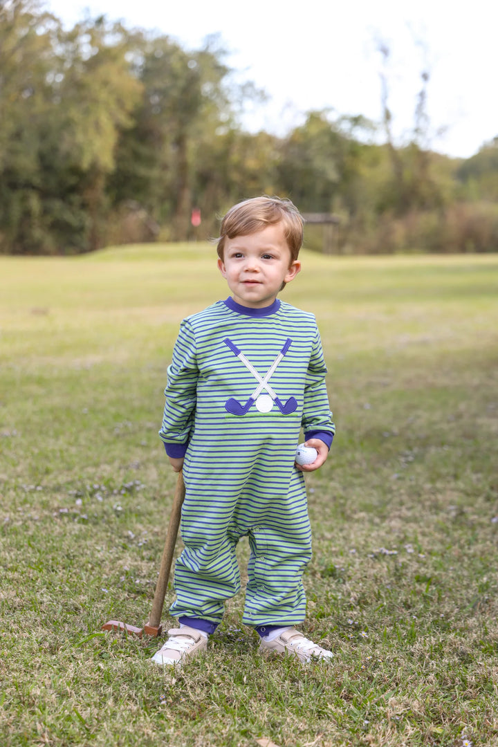 GOLF CLUBS APPLIQUE GREEN & NAVY STRIPED ROMPER