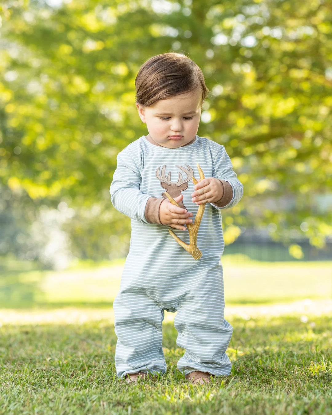 BROWN APPLIQUE DEER STRIPED SAGE ROMPER
