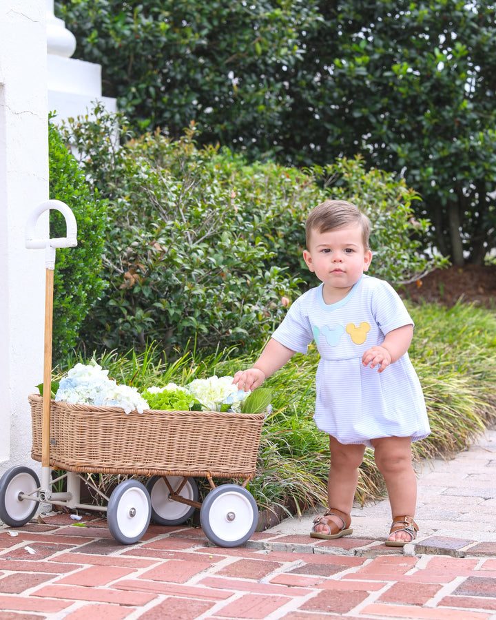 YOUNG BABY BOY STANDING NEXT TO WICKER WAGON WITH FLOWERS WEARING BLUE STRIPED DISNEY EAR BUBBLE