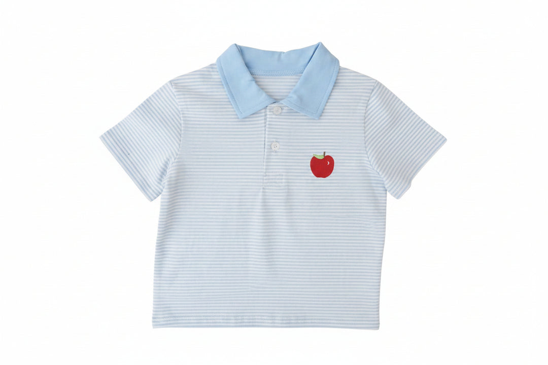 Children's light blue striped polo shirt with a red apple emblem on a white background