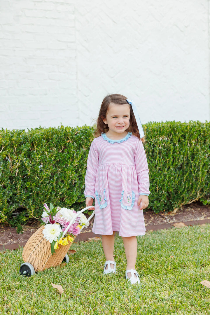 LITTLE GIRL WITH FLOWER BASKET WEARING SWEET FLOWER BOUQUET PINK STRIPED DRESS
