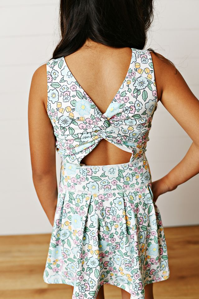 FLORAL PRINT WITH AQUA DETAIL SLEEVELESS DRESS WITH CRISSCROSS BACK STYLED 
DRESS HAS BUILT IN SHORTS