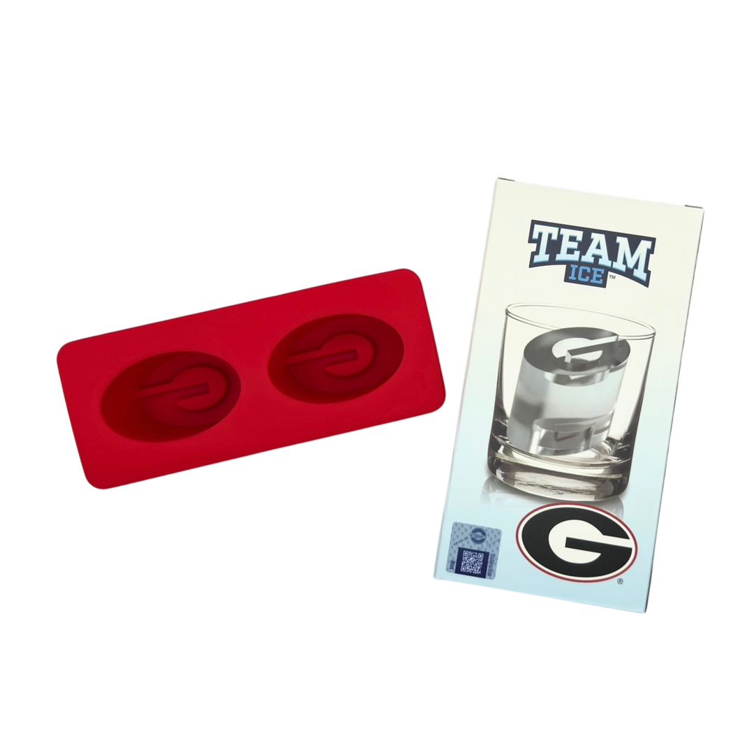 IMAGE OF RED ICE CUBE MOLDS WITH UGA "G" LOGO AND PACKAGING FROM TEAM ICE