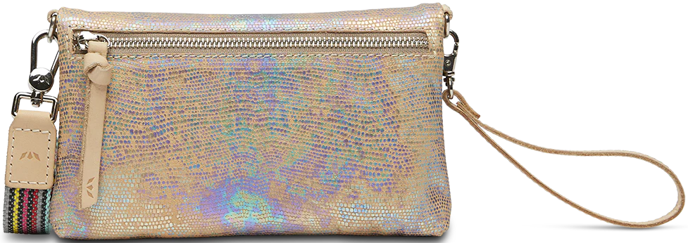 Holographic clutch bag with a strap on a white background