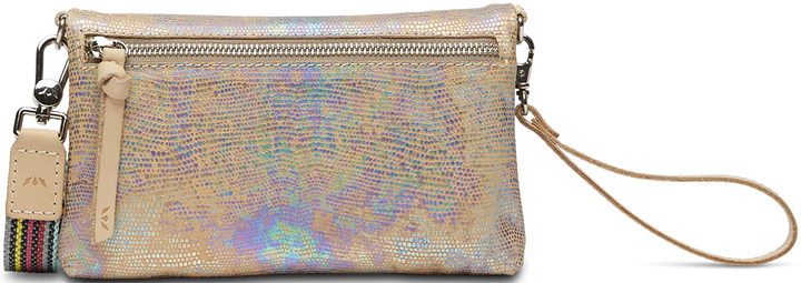 Holographic clutch bag with a strap on a white background
