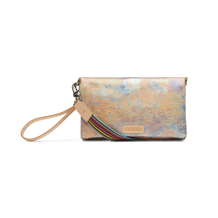 Multicolored wristlet with a strap on a white background