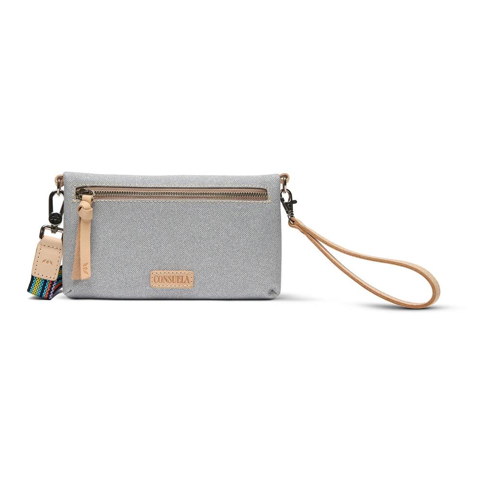 Gray wristlet with a strap on a white background