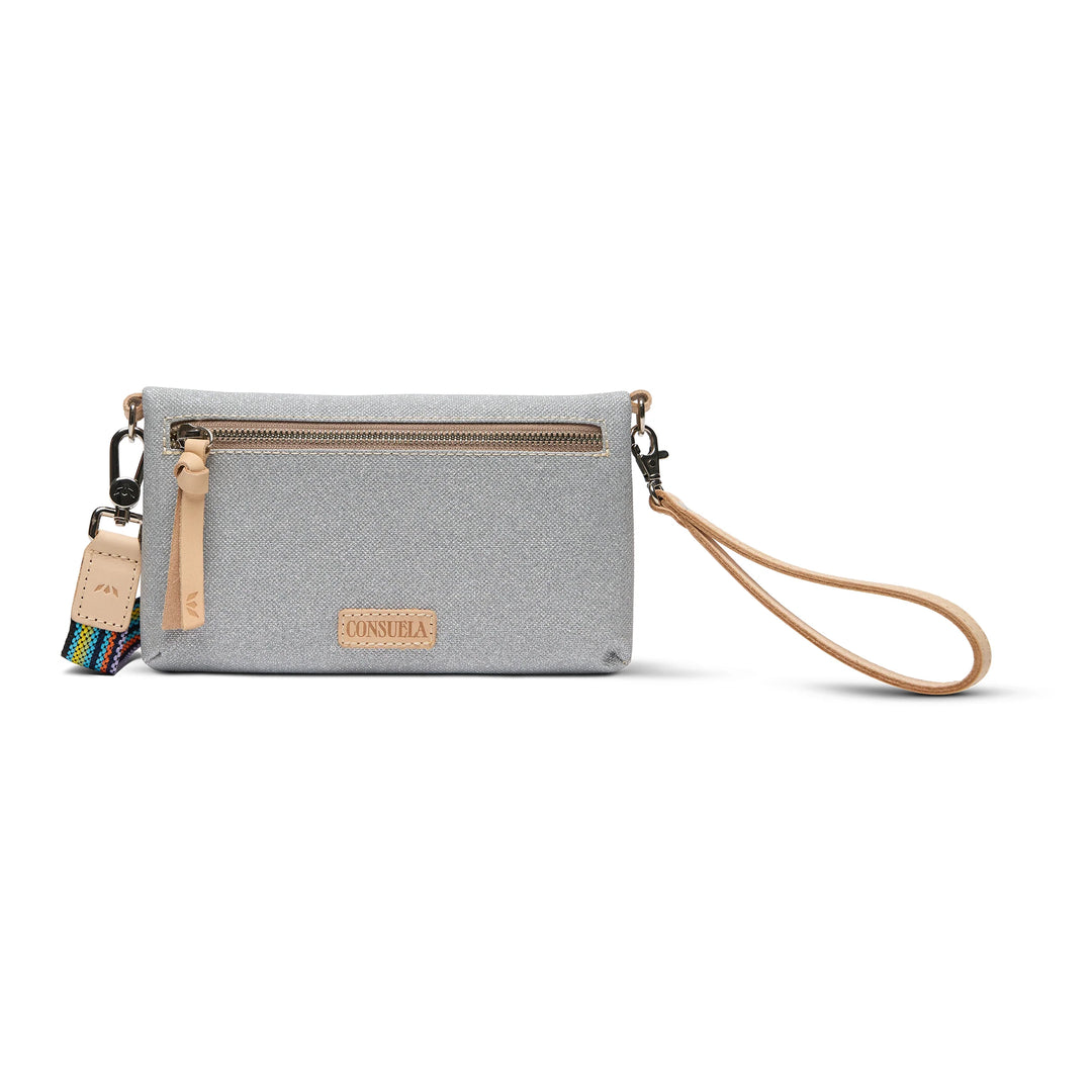 Gray wristlet with a strap on a white background