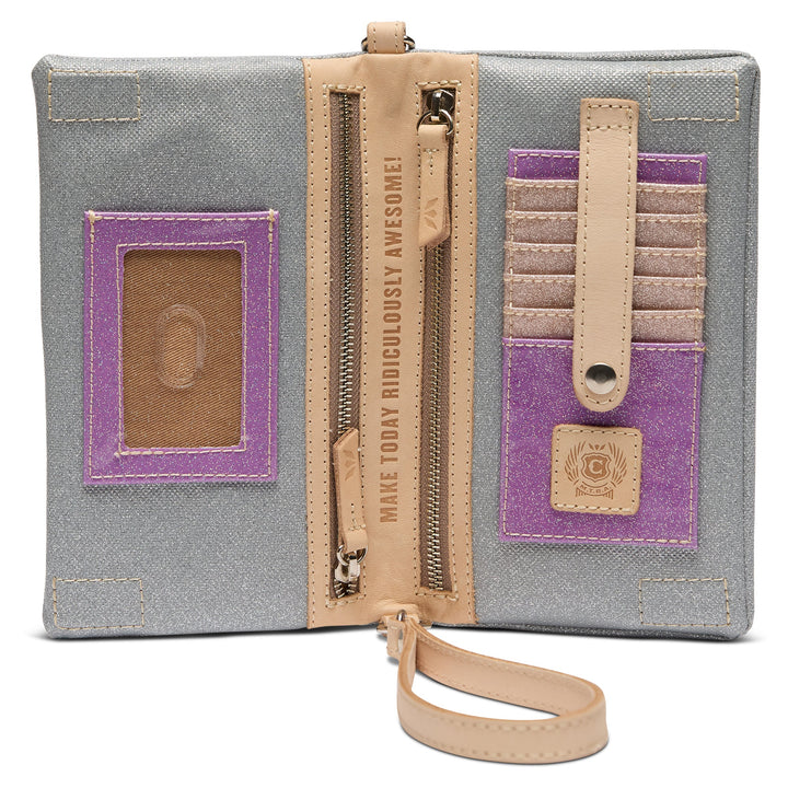 Gray wallet with purple accents and a beige strap on a white background