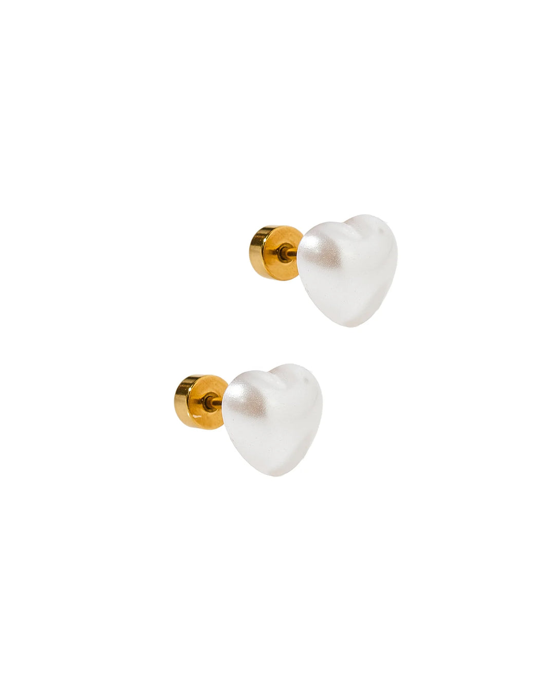 Linny Co Lucia small white pearl heart screwback stud earrings with gold flat backs