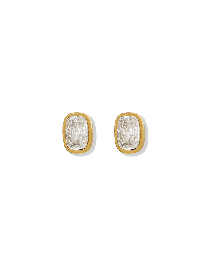 Pair of rectangular clear crystal gold screwback stud earrings shown from the front