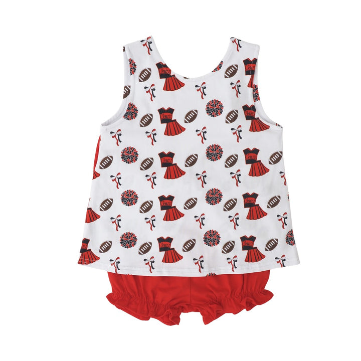 Baby outfit with red and black pattern on a white background