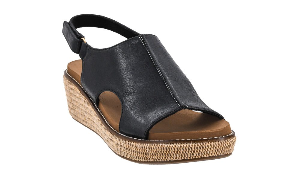 black wedge sandal with brown bottom
