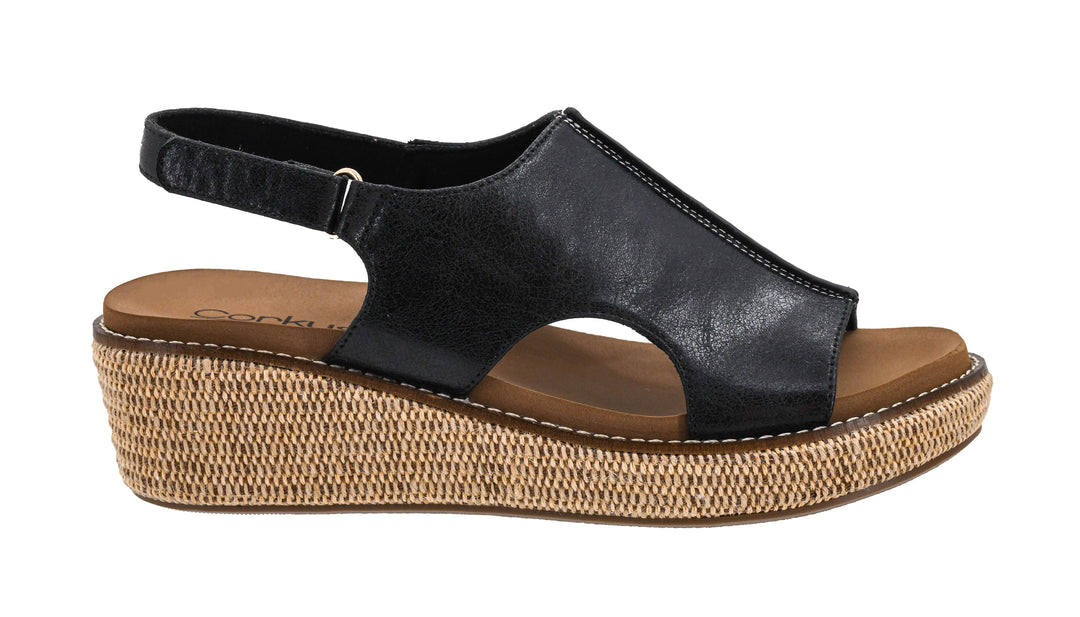black wedge sandal with brown bottom side view