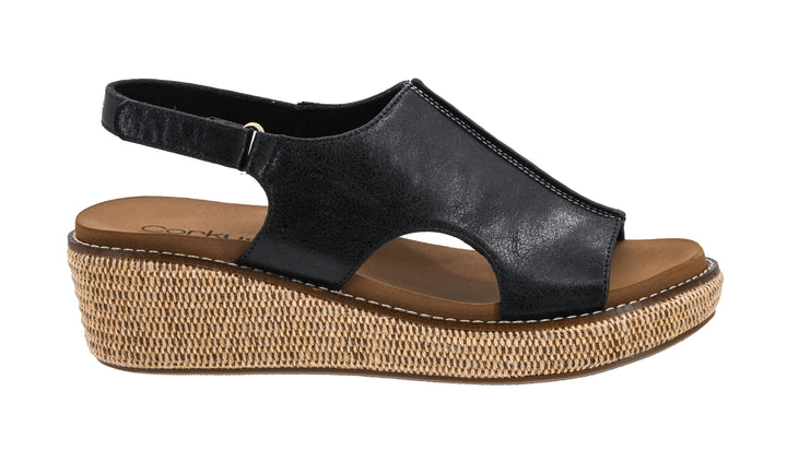 black wedge sandal with brown bottom side view