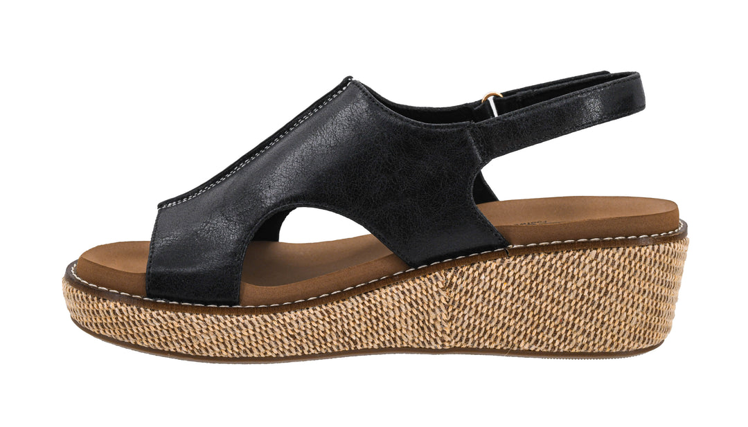 black wedge sandal with brown bottom inside view