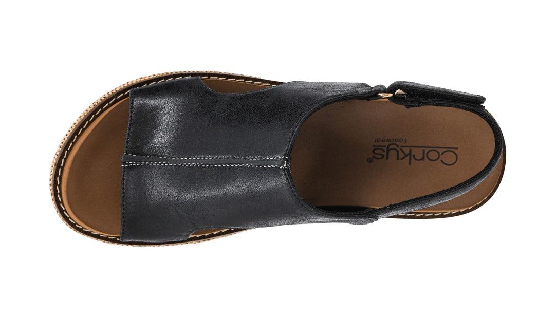 black wedge sandal with brown bottom top view