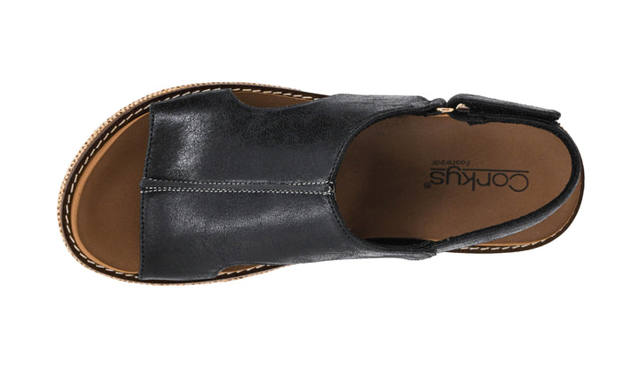 black wedge sandal with brown bottom top view