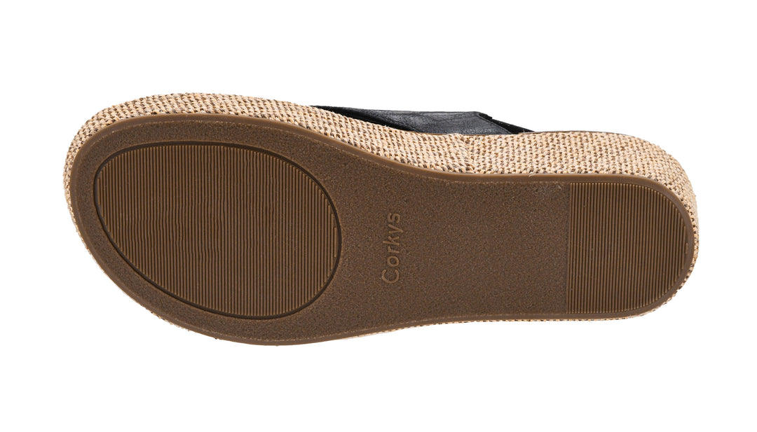 Close-up of a shoe sole with 'Corkys' branding on a white background