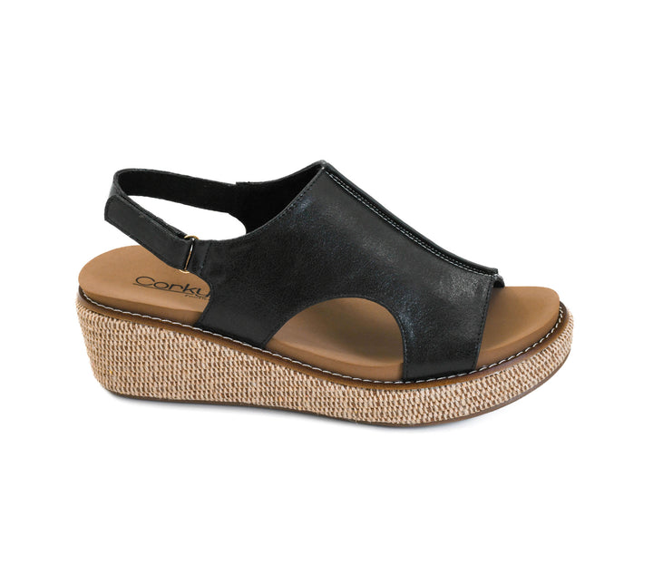 black wedge sandal with brown bottom