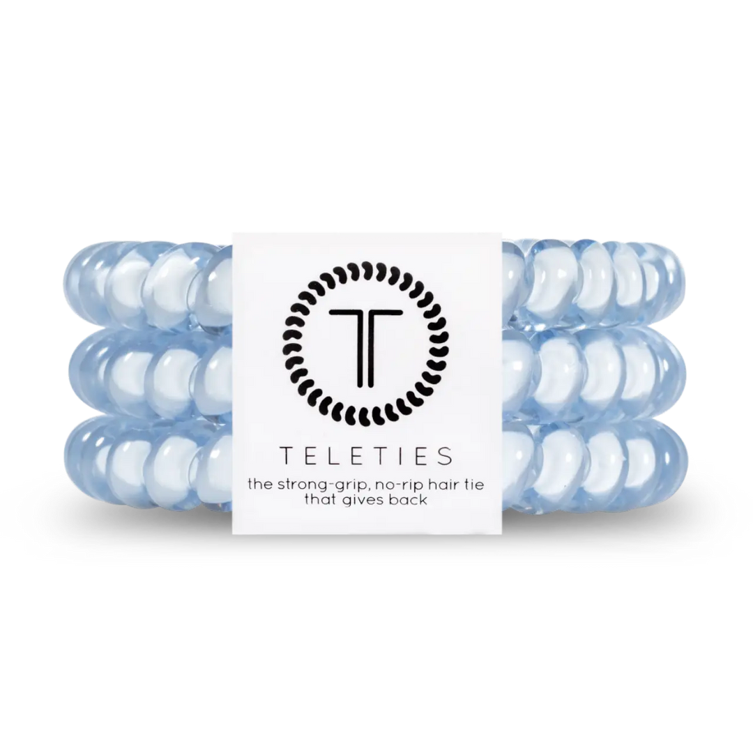 TELETIES washed denim blue coil hair ties set translucent light blue spiral no crease hair accessories