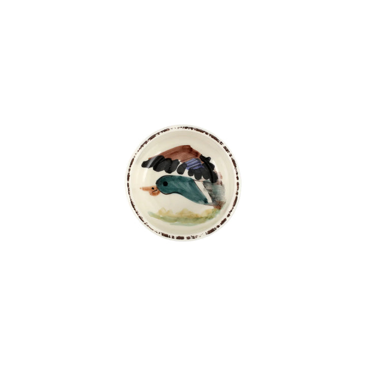 A handpainted ceramic condiment bowl featuring a mallard duck design, with a blue and green color palette on a white background.
