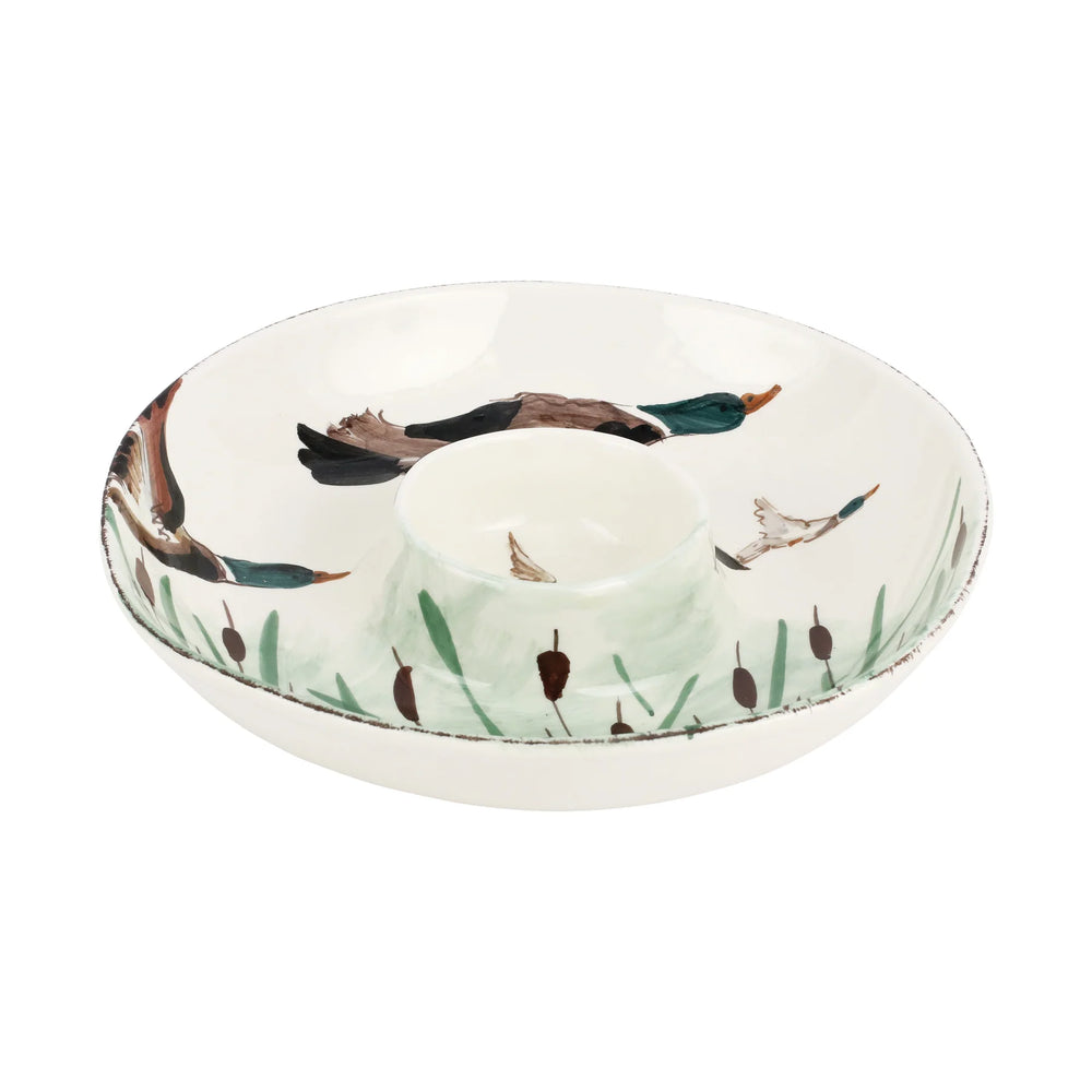 side view of mallard hand painted chip & dip platter