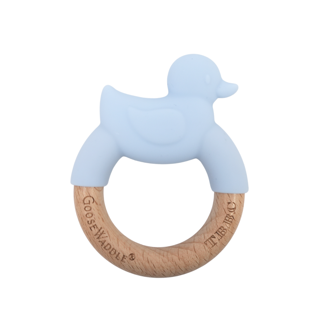 BLUE SILICONE DUCK ON WOODEN CIRCLE TEETHER