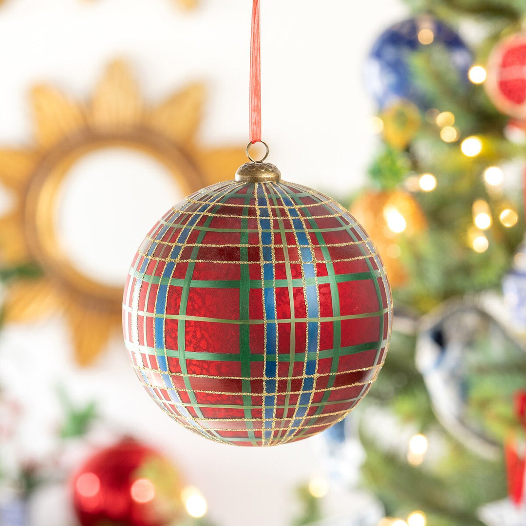 HAND PAINTED PLAID GLASS BALL ORNAMENT