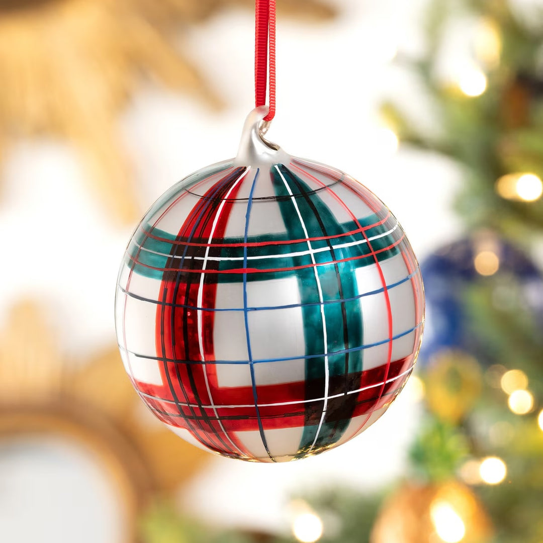 HAND PAINTED GLEN PLAID GLASS BALL ORNAMENT