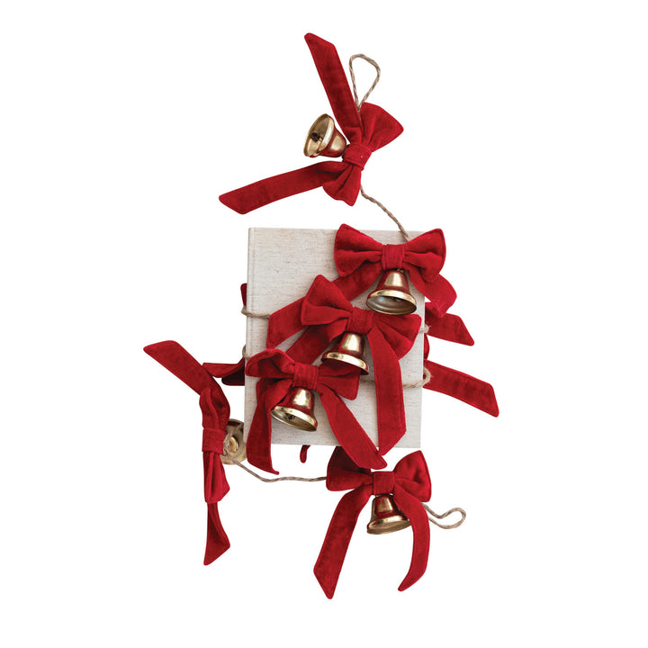 GOLD BELL GARLAND WITH RED VELVET BOWS
