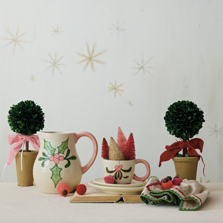 DRIED BOXWOOD TREE IN POT WITH RED VELVET BOW