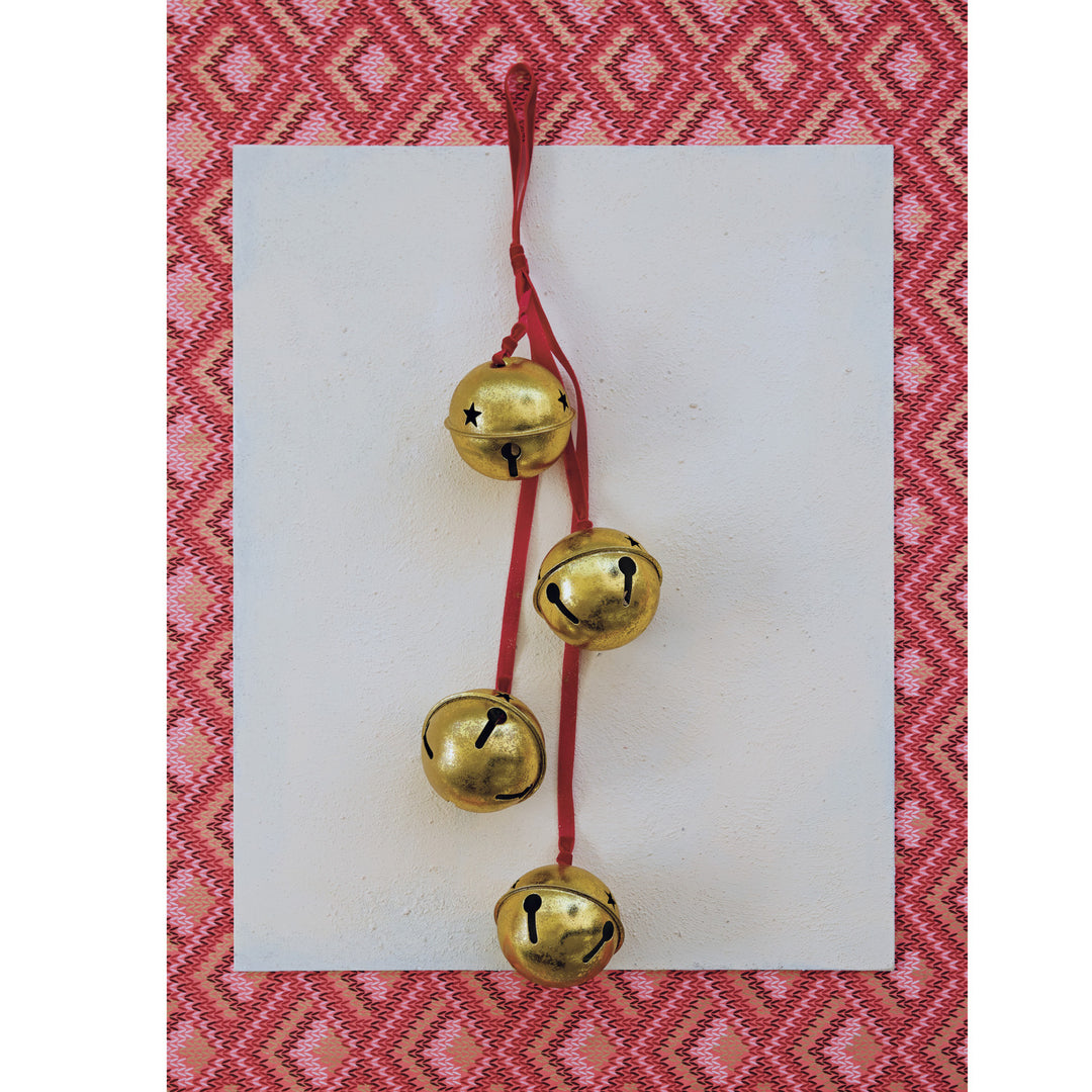 HANGING GOLD BELLS ON RED VELVET RIBBON