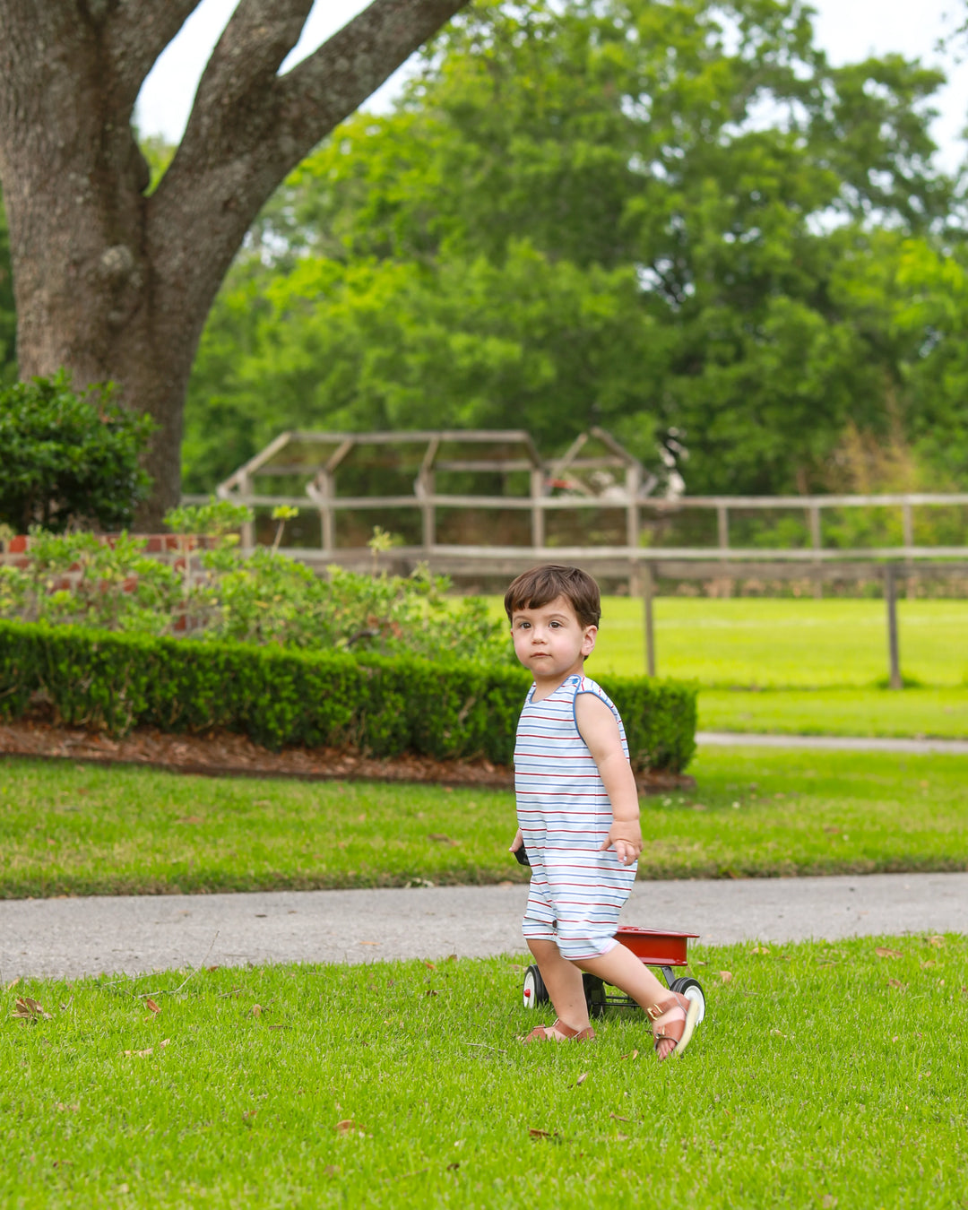 LITTLE BOY IN GRASS WEARING BLUE RED AND WHITE JON JON PULLING A WAGON