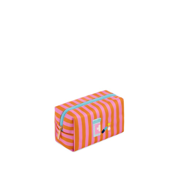 Pink and orange striped cosmetic pouch with embroidered medicine bottle detail | Walker Boutique