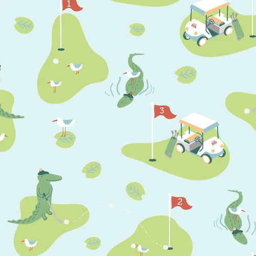Illustrated golf course with crocodiles and golf carts on a light blue background