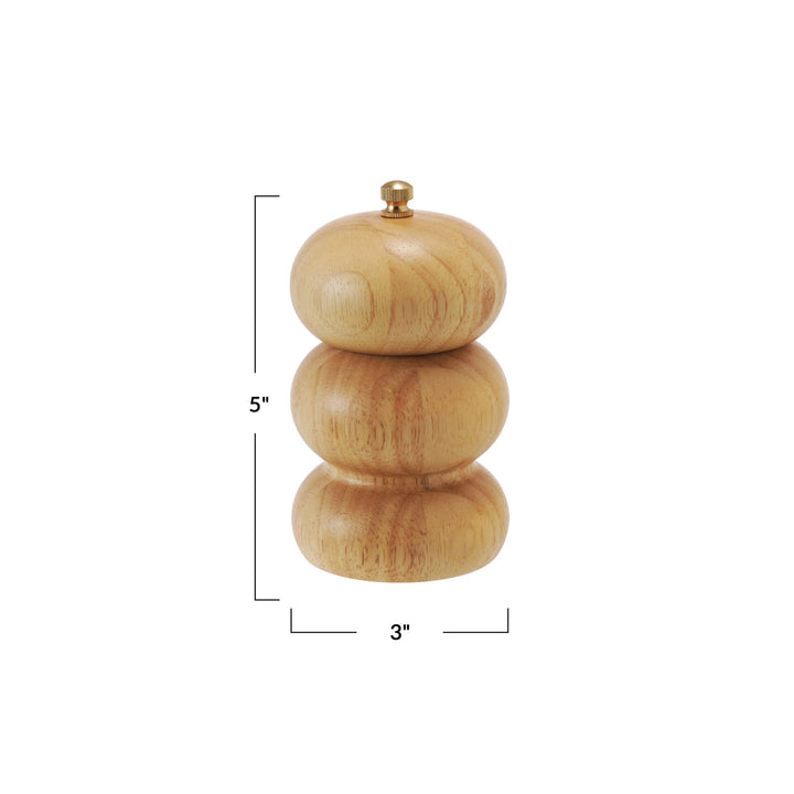 Wooden salt and pepper shaker set with dimensions on a white background