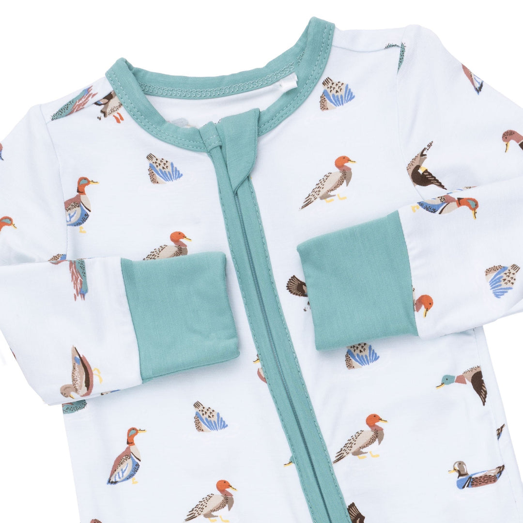 Angel Dear American Ducks Convertible Romper close-up of the baby romper highlighting the print, closures, and finishing details