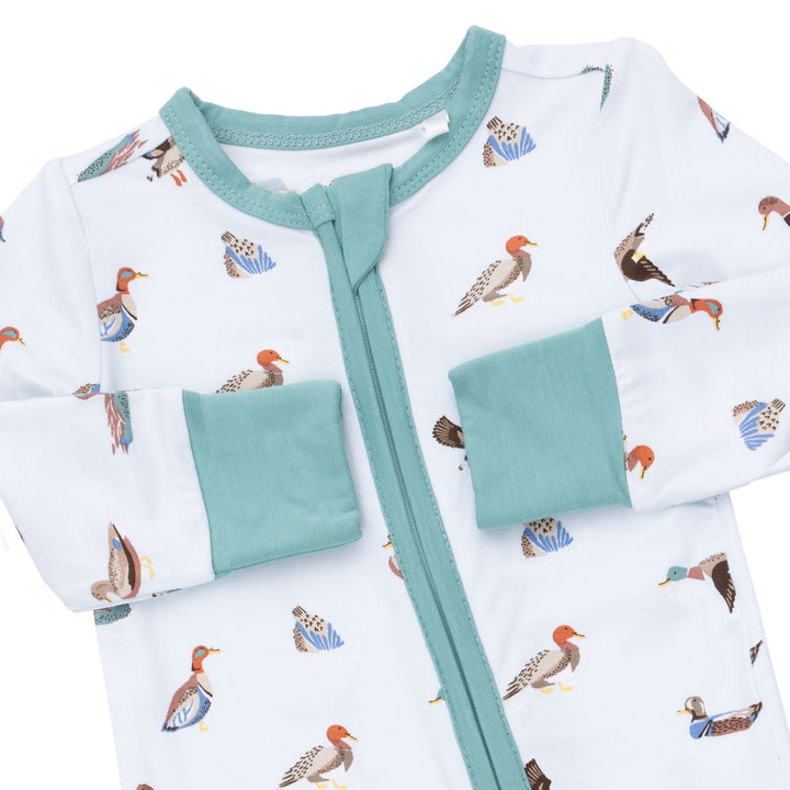 Angel Dear American Ducks Convertible Romper close-up of the baby romper highlighting the print, closures, and finishing details