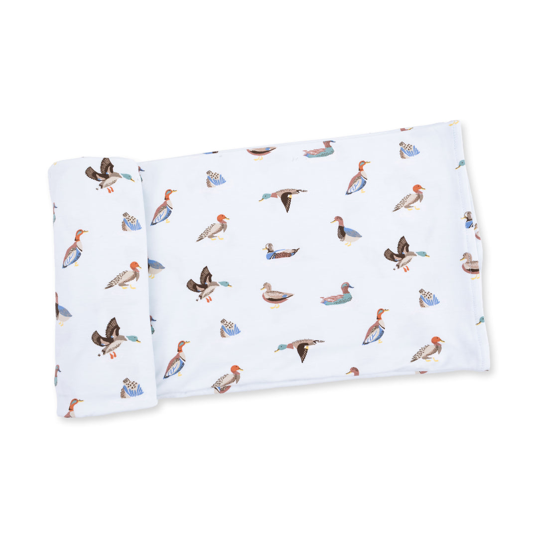 Angel Dear American Ducks Swaddle Blanket displayed to show the full baby blanket and american ducks design