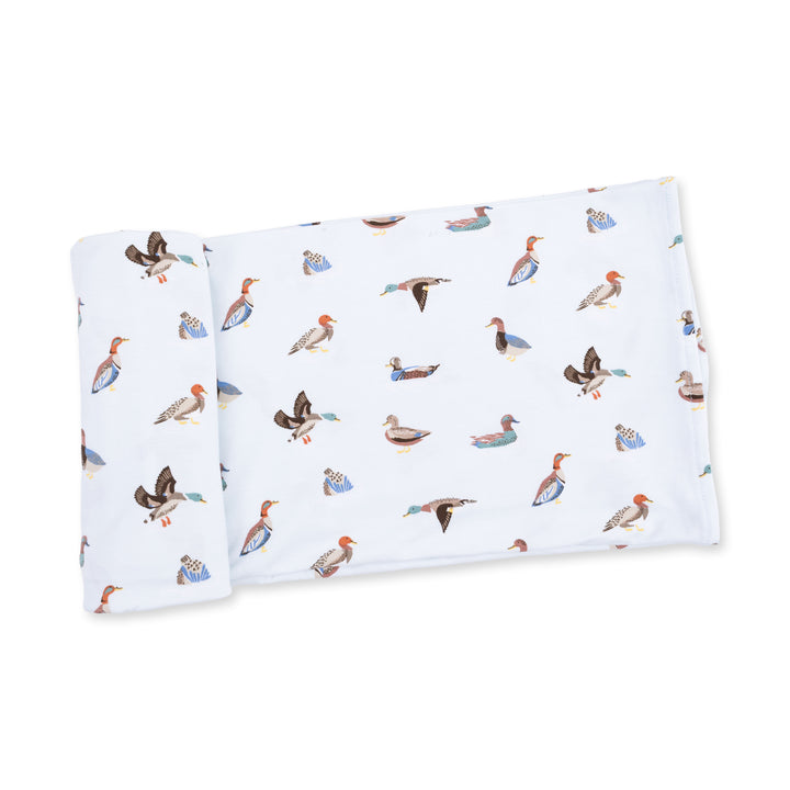 Angel Dear American Ducks Swaddle Blanket displayed to show the full baby blanket and american ducks design
