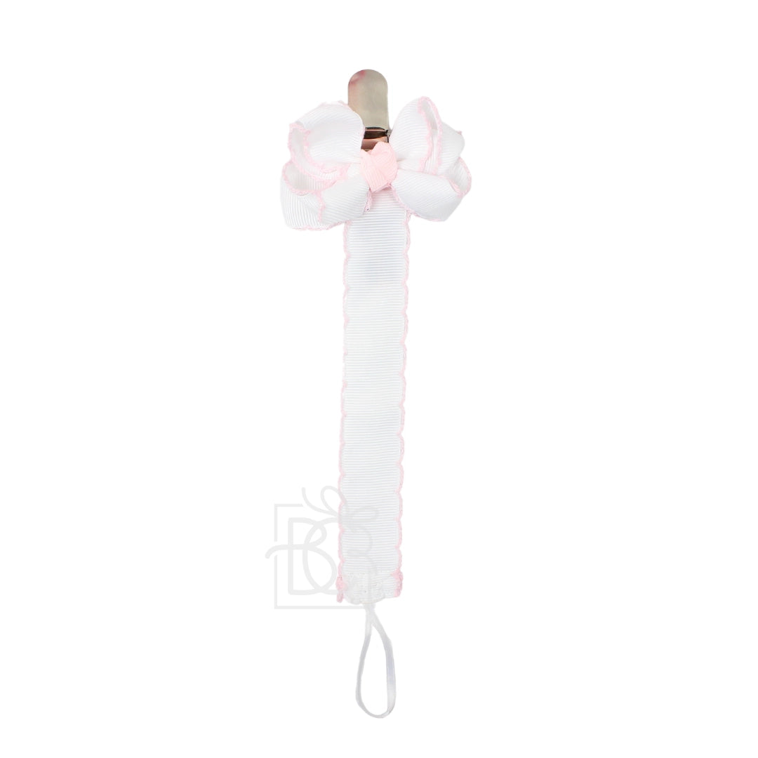 WHITE & LIGHT PINK CROCHET EDGE BINKER PACIFIER CLIP