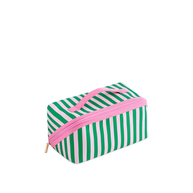 Green and pink striped cosmetic pouch with top handle and zip closure | Walker Boutique